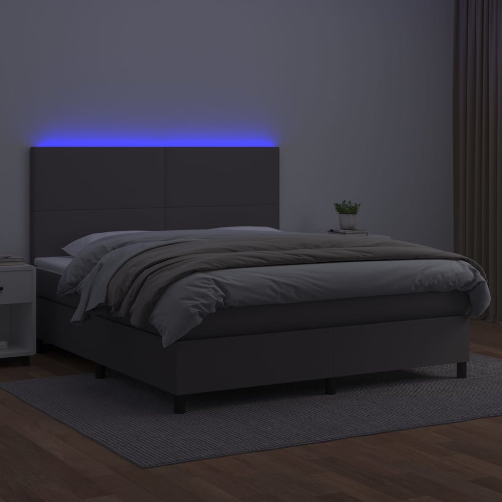 vidaXL Pat cu arcuri, saltea și LED, gri, 180x200 cm, piele ecologică