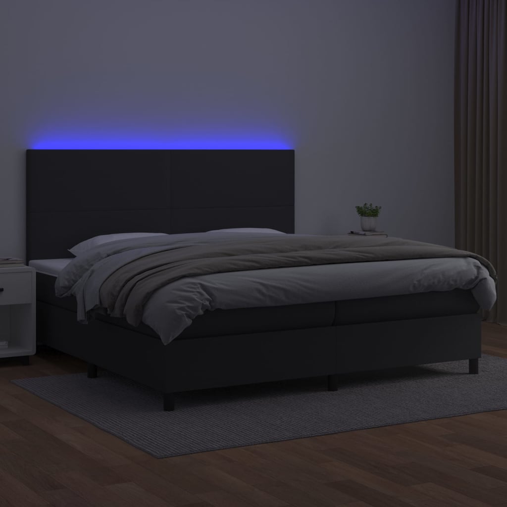vidaXL Pat cu arcuri, saltea și LED, negru, 200x200cm, piele ecologică
