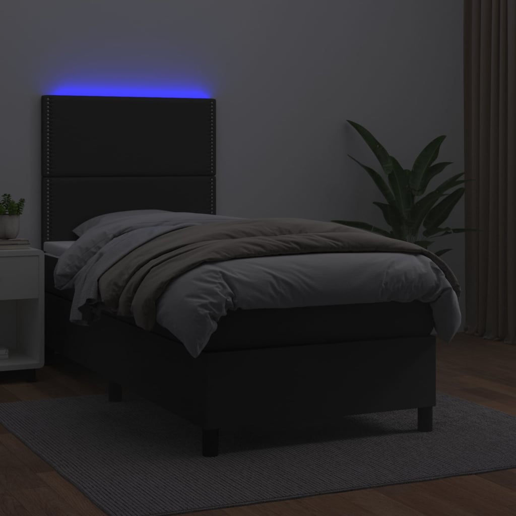 vidaXL Pat cu arcuri, saltea și LED, negru, 90x190 cm, piele ecologică