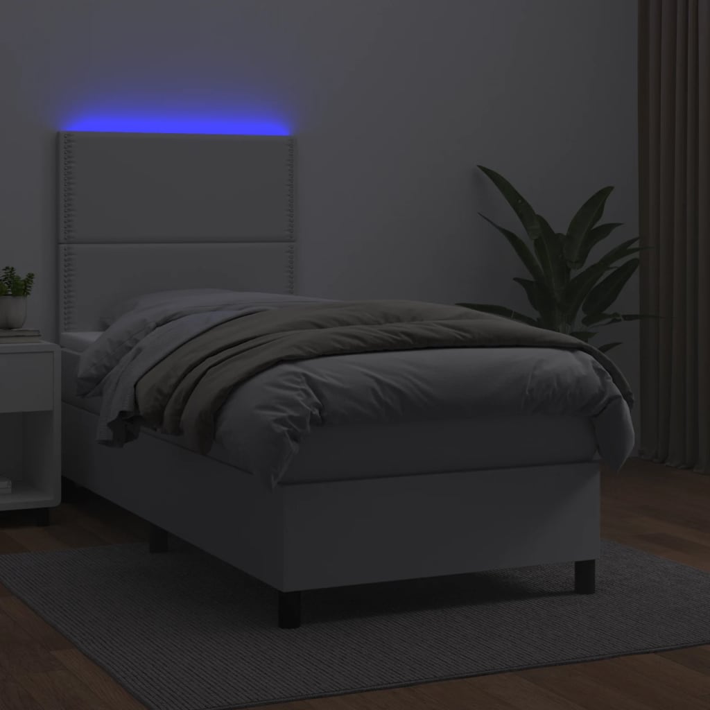 vidaXL Pat cu arcuri, saltea și LED, alb, 90x190 cm, piele ecologică vidaXL Pat cu arcuri, saltea și LED, alb, 90x190 cm, piele ecologică