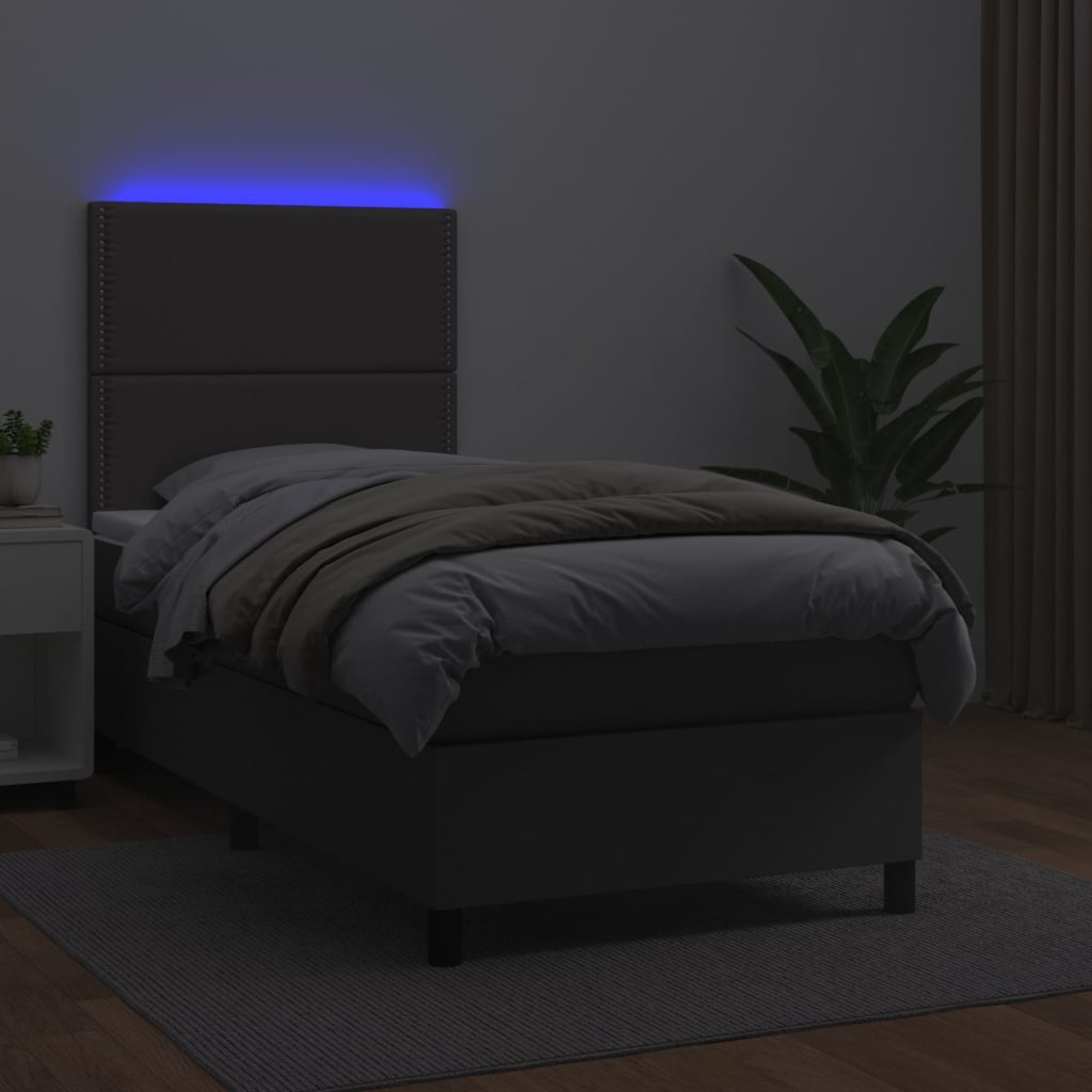 vidaXL Pat cu arcuri, saltea și LED, gri, 90x190 cm, piele ecologică