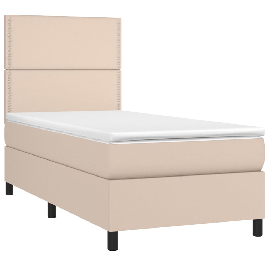 vidaXL Pat cu arcuri, saltea și LED, cappuccino, 90x190 cm, piele eco