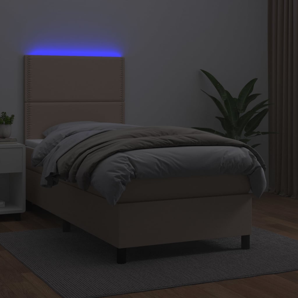 vidaXL Pat cu arcuri, saltea și LED, cappuccino, 90x190 cm, piele eco