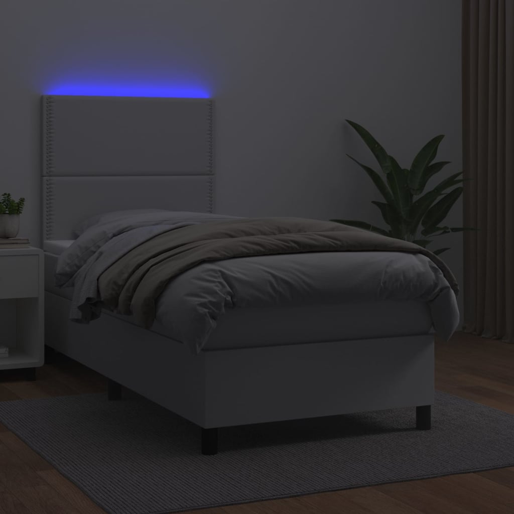 vidaXL Pat cu arcuri, cu saltea și LED, alb, 100x200 cm, piele eco vidaXL Pat cu arcuri, cu saltea și LED, alb, 100x200 cm, piele eco