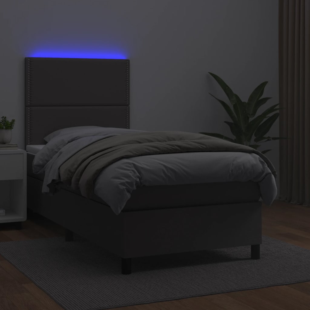 vidaXL Pat cu arcuri, cu saltea și LED, gri, 100x200 cm, piele eco
