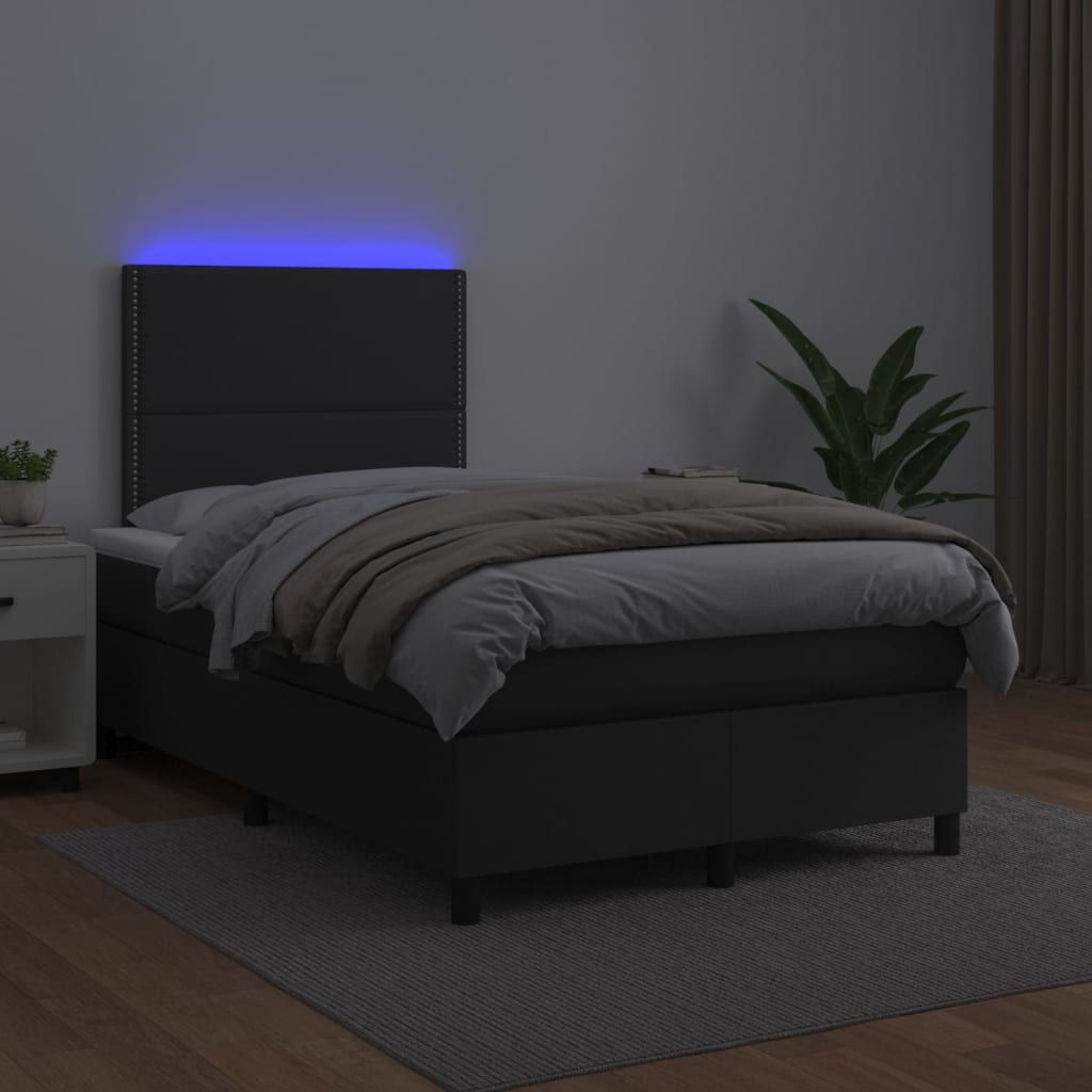 vidaXL Pat cu arcuri, saltea și LED, negru, 120x200cm, piele ecologică