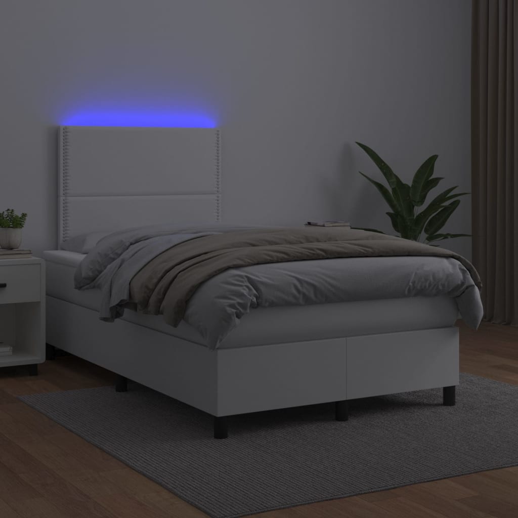 vidaXL Pat cu arcuri, saltea și LED, alb, 120x200 cm, piele ecologică