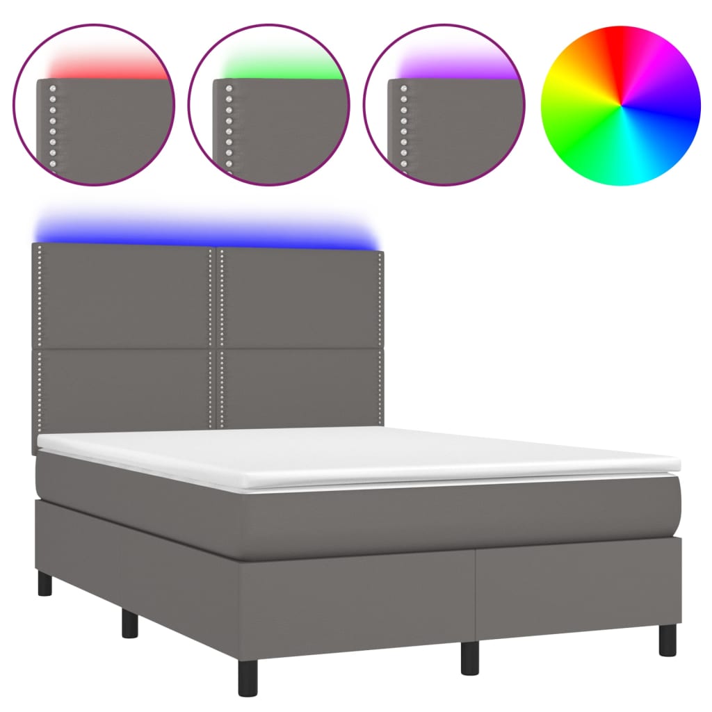 vidaXL Pat cu arcuri, cu saltea & LED, gri, 140x190 cm, piele eco vidaXL Pat cu arcuri, cu saltea & LED, gri, 140x190 cm, piele eco