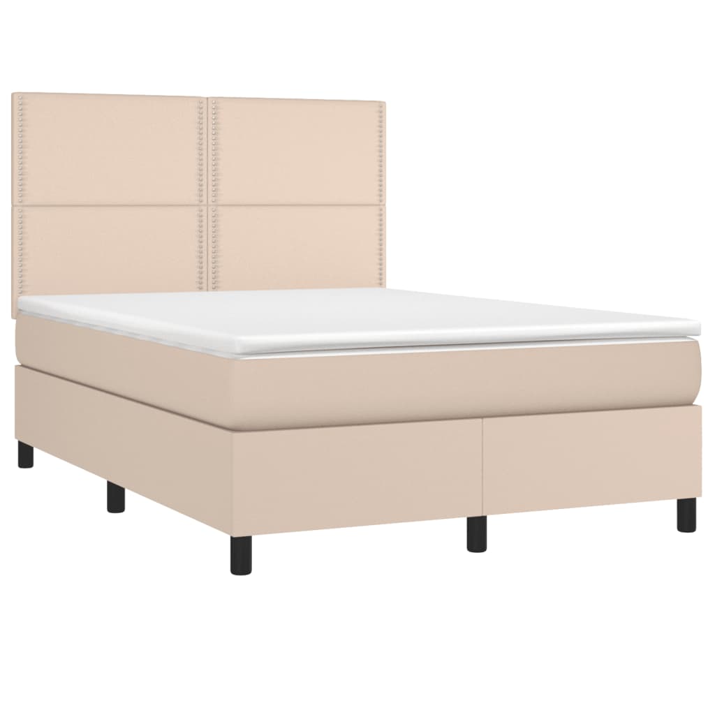vidaXL Pat cu arcuri, saltea și LED, cappuccino, 140x200cm, piele eco