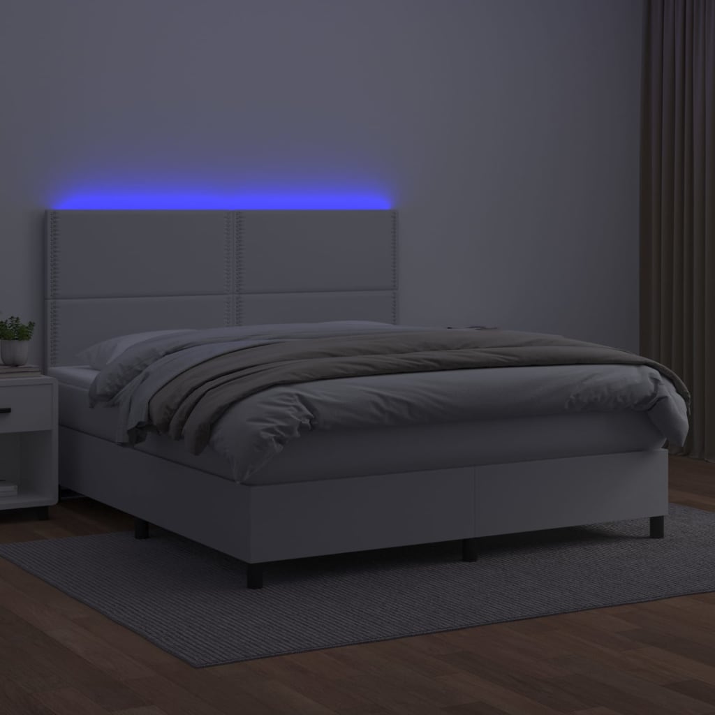 vidaXL Pat cu arcuri, saltea și LED, alb, 160x200 cm, piele ecologică