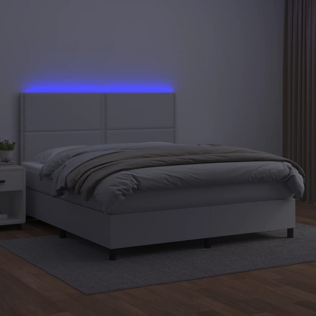 vidaXL Pat cu arcuri, saltea și LED, alb, 180x200 cm, piele ecologică vidaXL Pat cu arcuri, saltea și LED, alb, 180x200 cm, piele ecologică