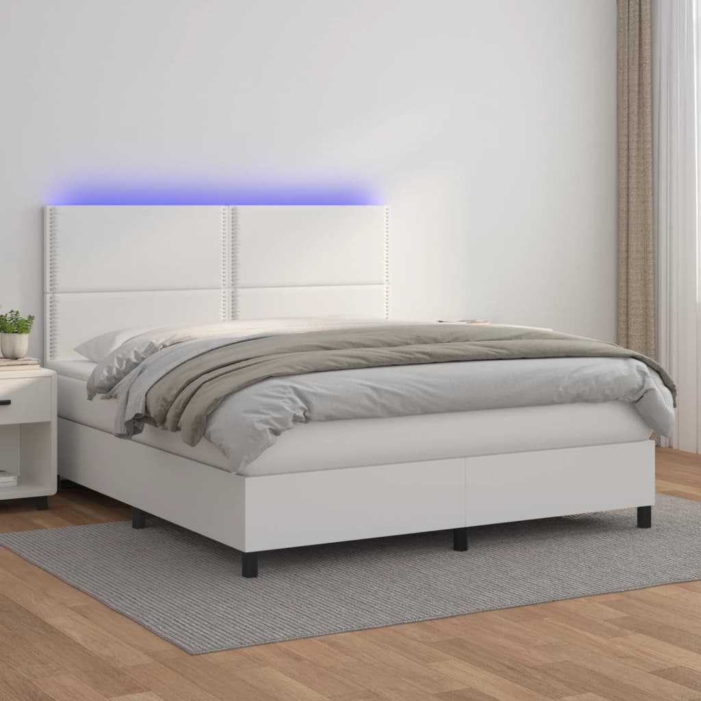 vidaXL Pat cu arcuri, saltea și LED, alb, 180x200 cm, piele ecologică vidaXL Pat cu arcuri, saltea și LED, alb, 180x200 cm, piele ecologică