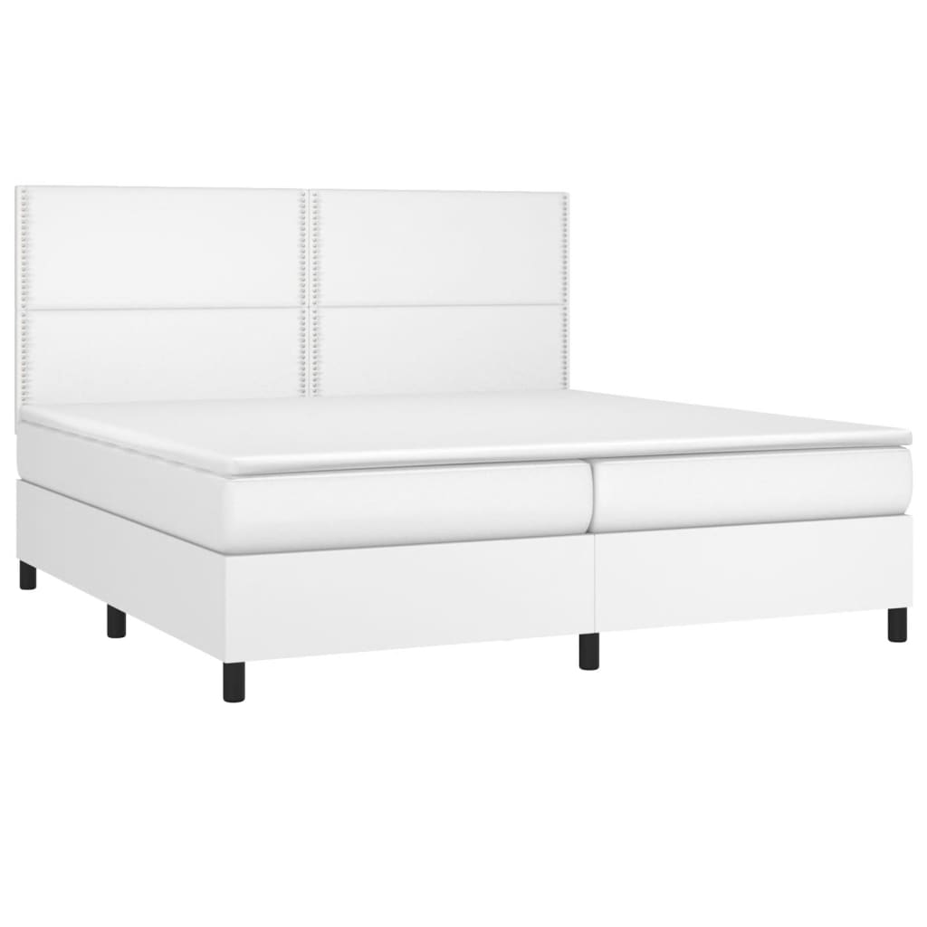 vidaXL Pat cu arcuri, saltea și LED, alb, 200x200 cm, piele ecologică