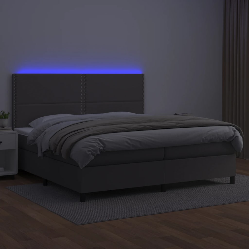 vidaXL Pat cu arcuri, saltea și LED, gri, 200x200 cm, piele ecologică