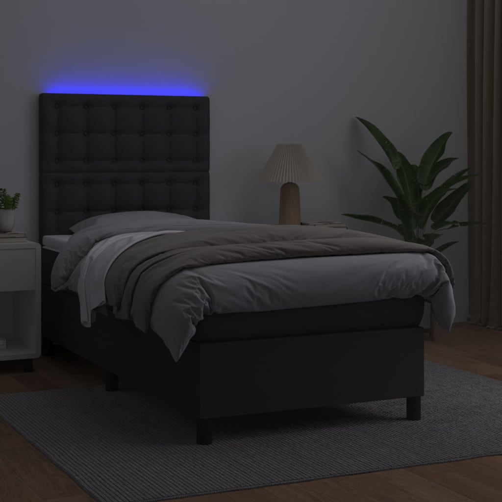 vidaXL Pat cu arcuri, saltea și LED, negru, 90x190 cm, piele ecologică