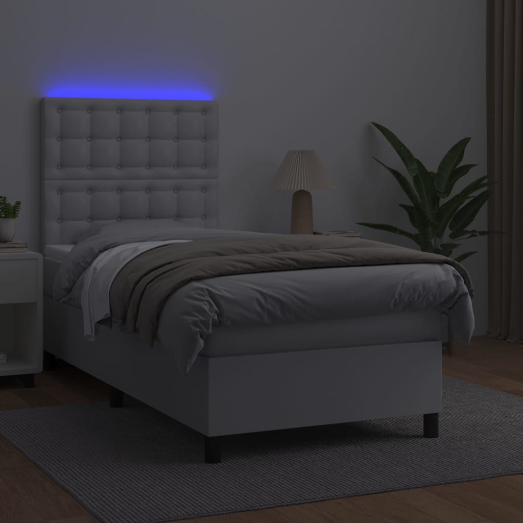 vidaXL Pat cu arcuri, saltea și LED, alb, 90x190 cm, piele ecologică vidaXL Pat cu arcuri, saltea și LED, alb, 90x190 cm, piele ecologică