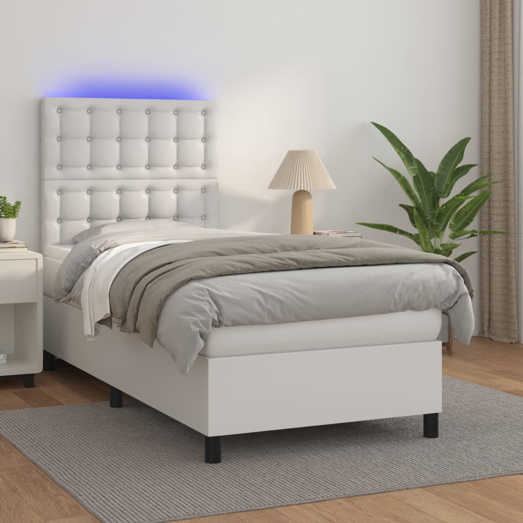 vidaXL Pat cu arcuri, saltea și LED, alb, 90x190 cm, piele ecologică vidaXL Pat cu arcuri, saltea și LED, alb, 90x190 cm, piele ecologică