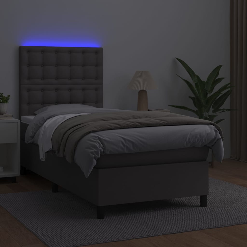 vidaXL Pat cu arcuri, saltea și LED, gri, 90x190 cm, piele ecologică