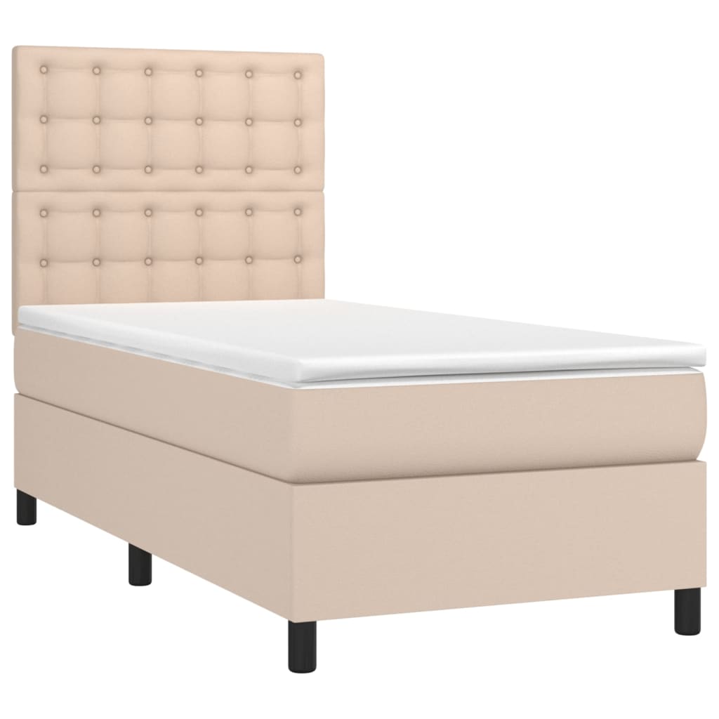 vidaXL Pat cu arcuri, saltea și LED, cappuccino, 90x190 cm, piele eco