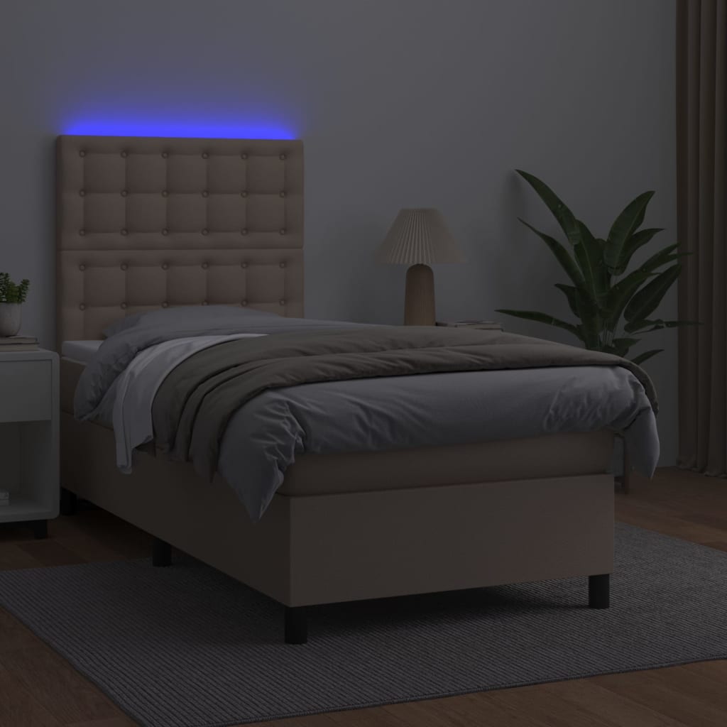 vidaXL Pat cu arcuri, saltea și LED, cappuccino, 90x190 cm, piele eco