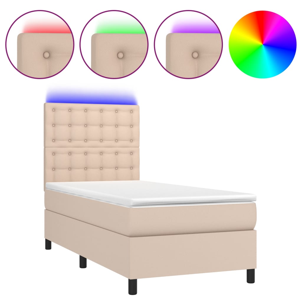 vidaXL Pat cu arcuri, saltea și LED, cappuccino, 90x200cm, piele eco
