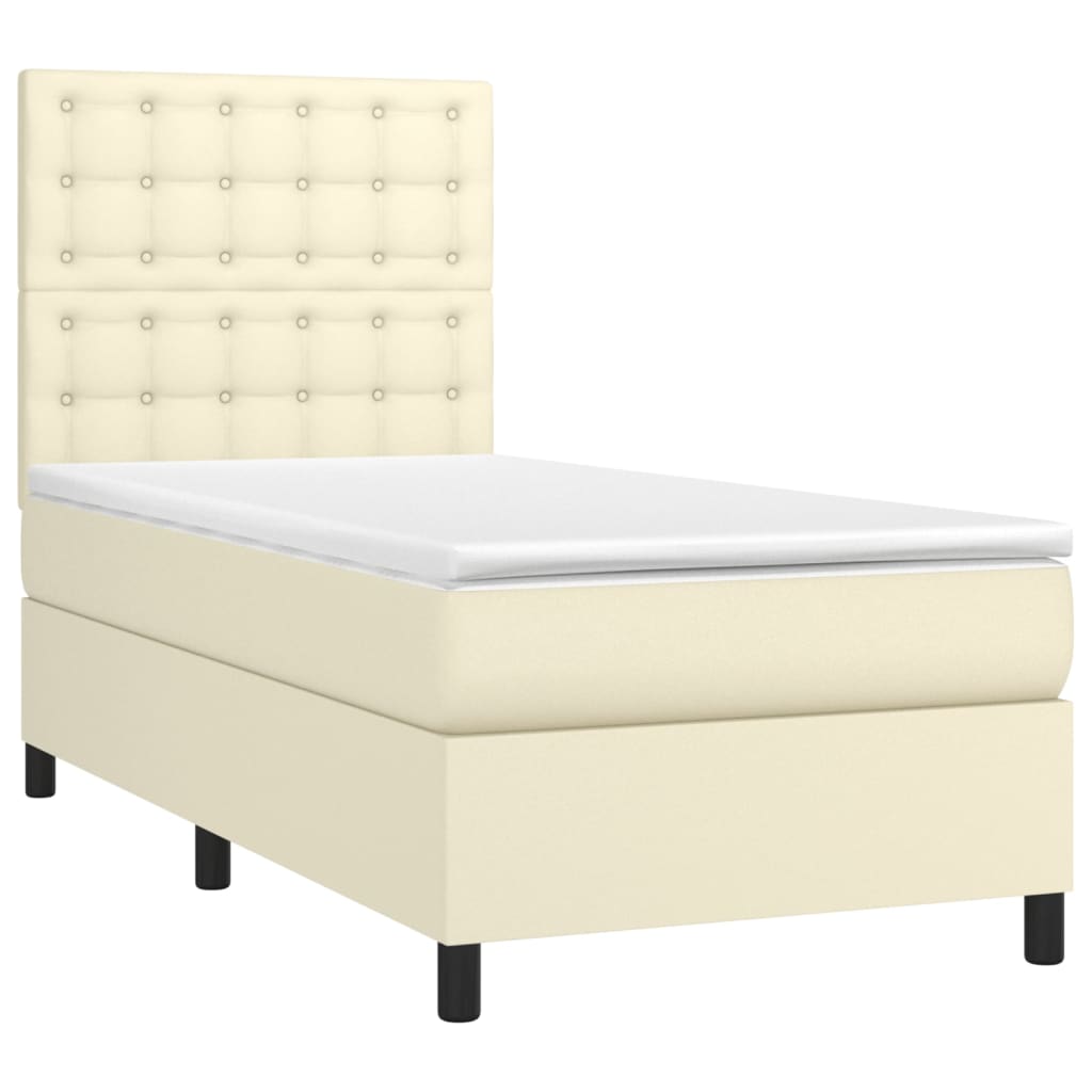 vidaXL Pat cu arcuri, saltea și LED, crem, 100x200 cm, piele ecologică