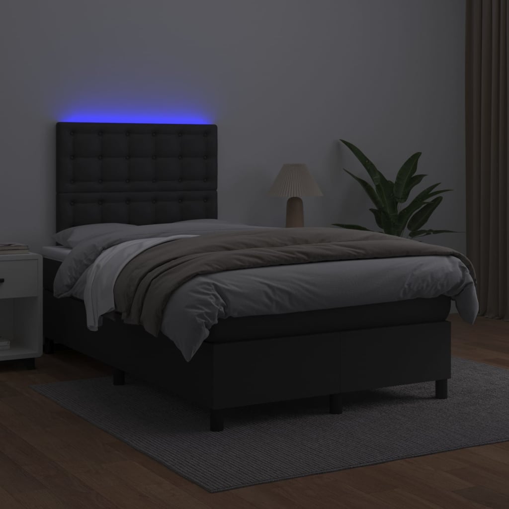 vidaXL Pat cu arcuri, saltea și LED, negru, 120x200cm, piele ecologică