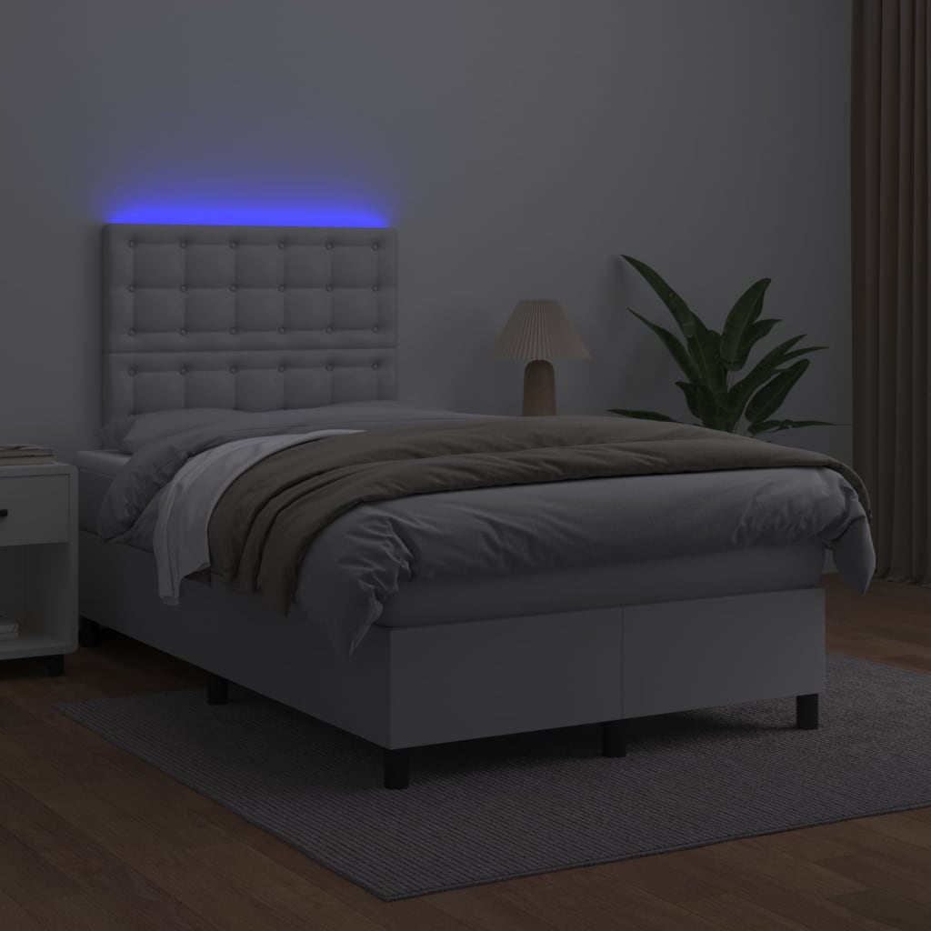 vidaXL Pat cu arcuri, saltea și LED, alb, 120x200 cm, piele ecologică