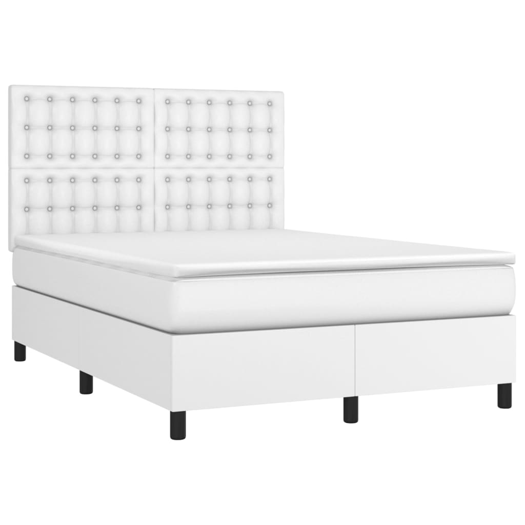 vidaXL Pat cu arcuri, saltea și LED, alb, 140x200 cm, piele eco