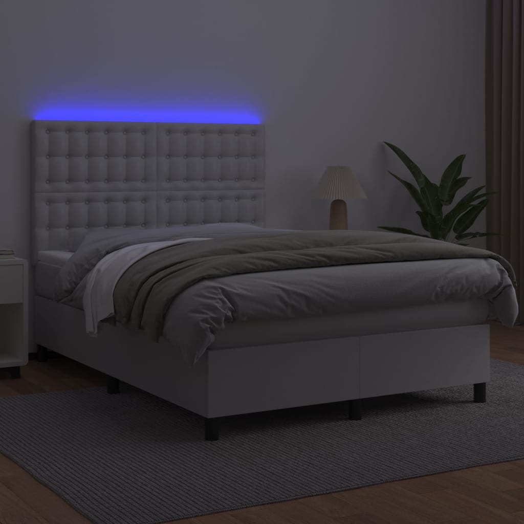 vidaXL Pat cu arcuri, saltea și LED, alb, 140x200 cm, piele eco