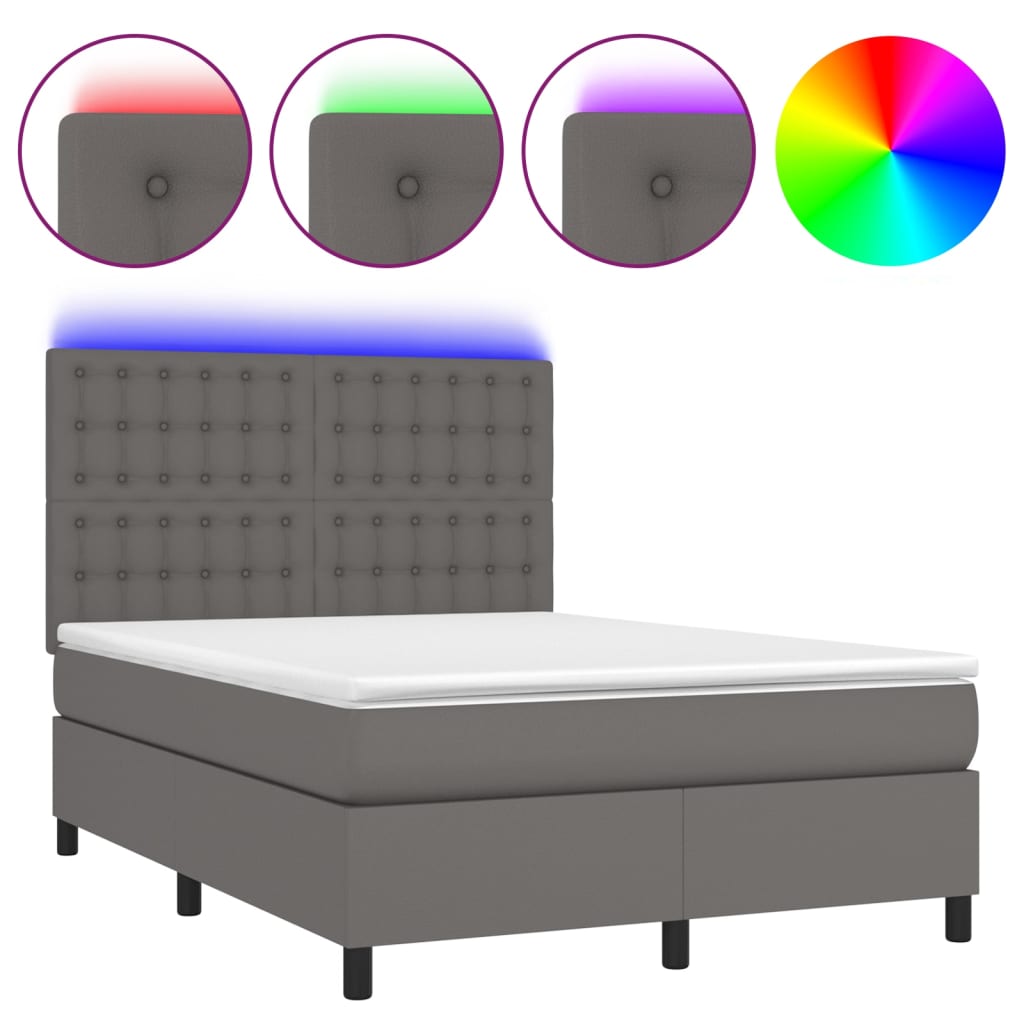 vidaXL Pat cu arcuri, saltea și LED, gri, 140x200 cm, piele eco