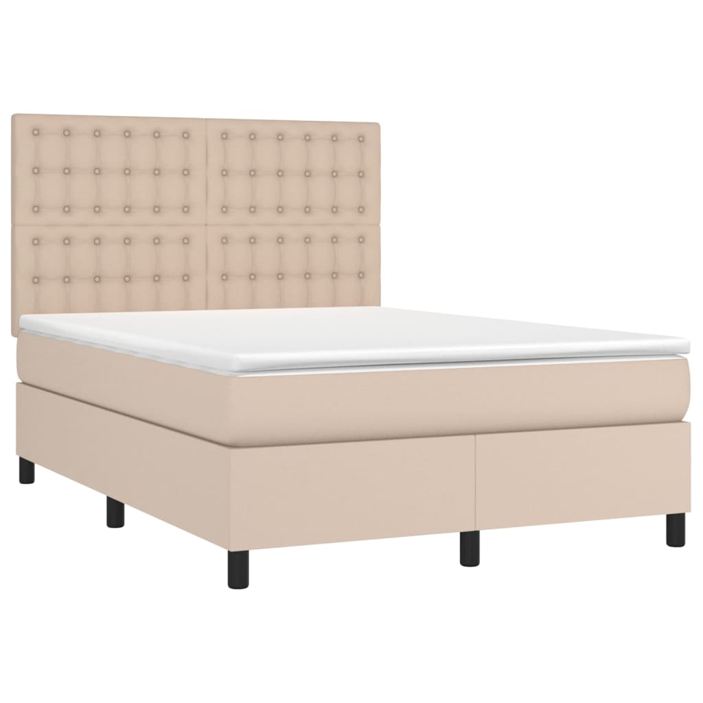 vidaXL Pat cu arcuri, saltea și LED, cappuccino, 140x200cm, piele eco