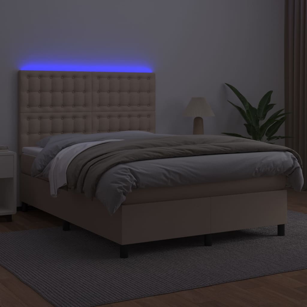vidaXL Pat cu arcuri, saltea și LED, cappuccino, 140x200cm, piele eco