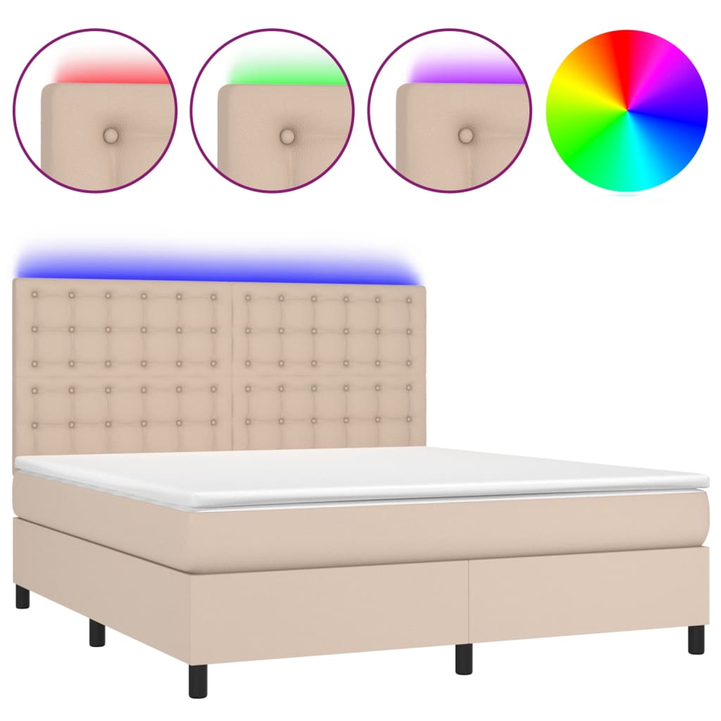 vidaXL Pat cu arcuri, cu saltea și LED, cappuccino 160x200cm piele eco vidaXL Pat cu arcuri, cu saltea și LED, cappuccino 160x200cm piele eco
