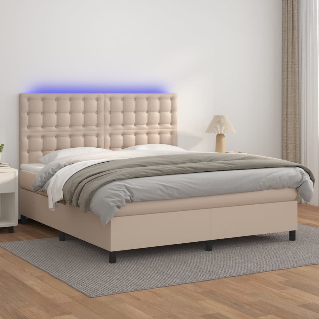 vidaXL Pat cu arcuri, cu saltea și LED, cappuccino 160x200cm piele eco vidaXL Pat cu arcuri, cu saltea și LED, cappuccino 160x200cm piele eco