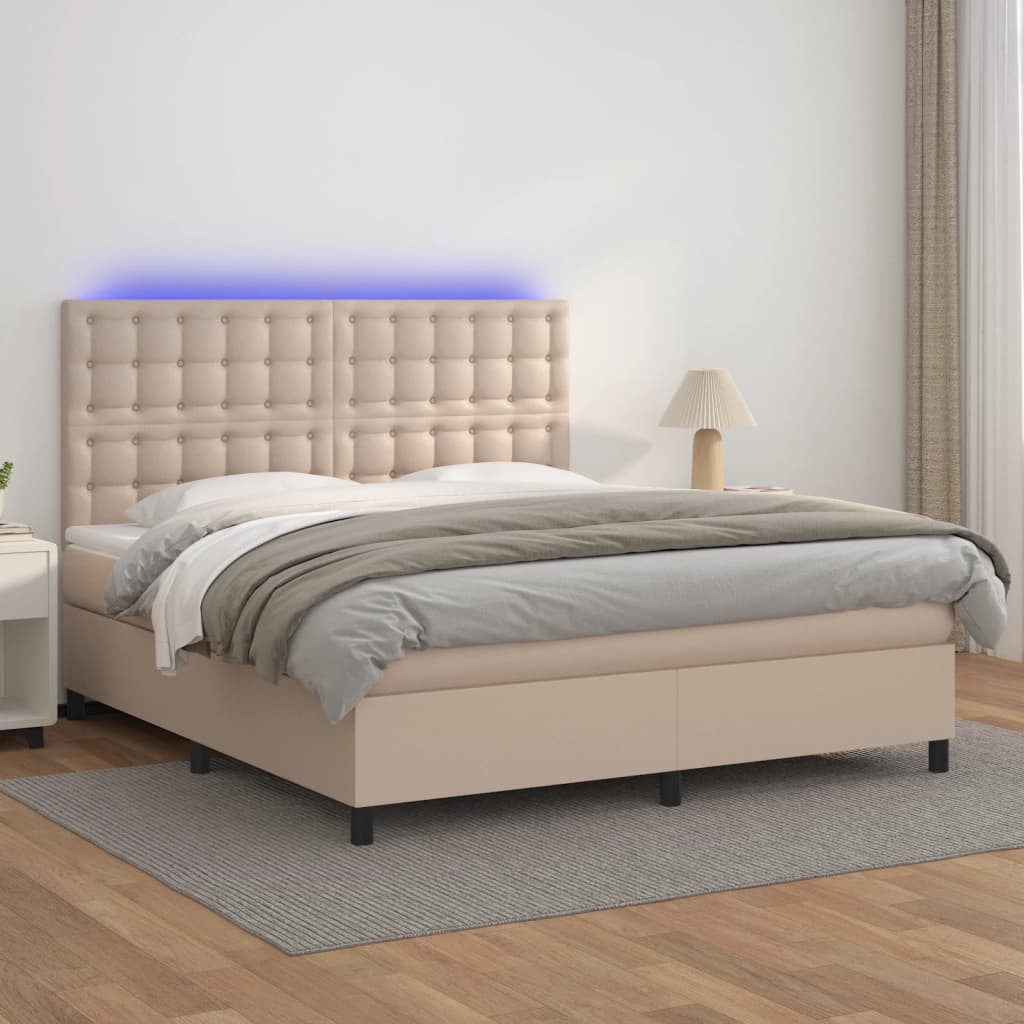 vidaXL Pat cu arcuri, cu saltea și LED cappuccino 180x200 cm piele eco vidaXL Pat cu arcuri, cu saltea și LED cappuccino 180x200 cm piele eco