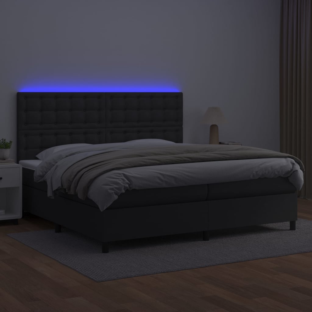 vidaXL Pat cu arcuri, saltea și LED, negru, 200x200cm, piele ecologică