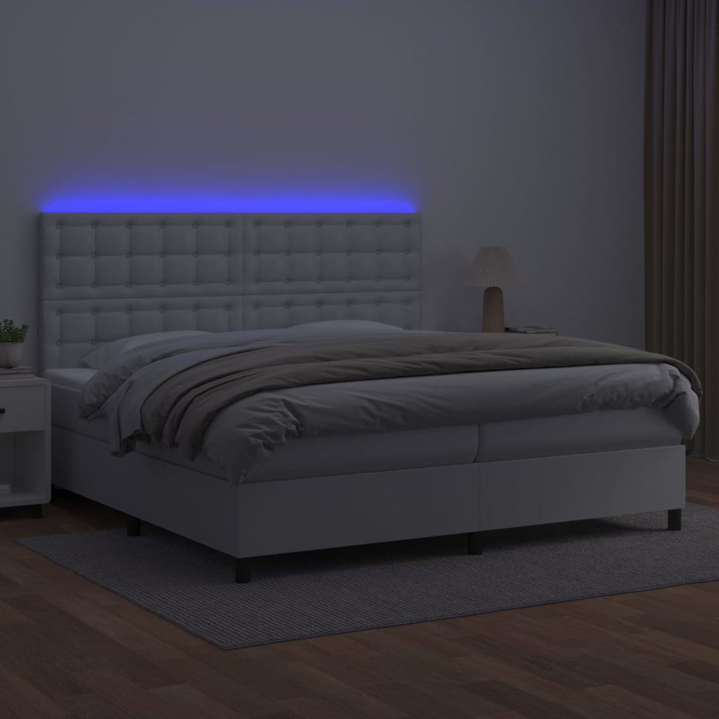 vidaXL Pat cu arcuri, saltea și LED, alb, 200x200 cm, piele ecologică vidaXL Pat cu arcuri, saltea și LED, alb, 200x200 cm, piele ecologică