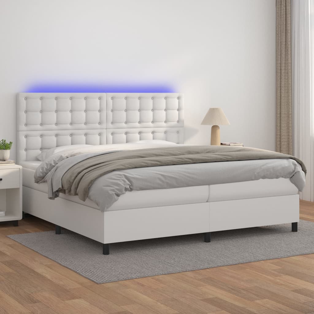 vidaXL Pat cu arcuri, saltea și LED, alb, 200x200 cm, piele ecologică vidaXL Pat cu arcuri, saltea și LED, alb, 200x200 cm, piele ecologică