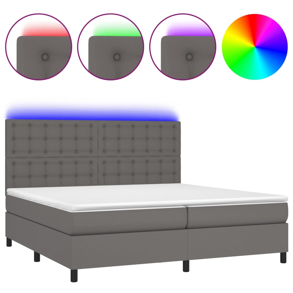 vidaXL Pat cu arcuri, saltea și LED, gri, 200x200 cm, piele ecologică