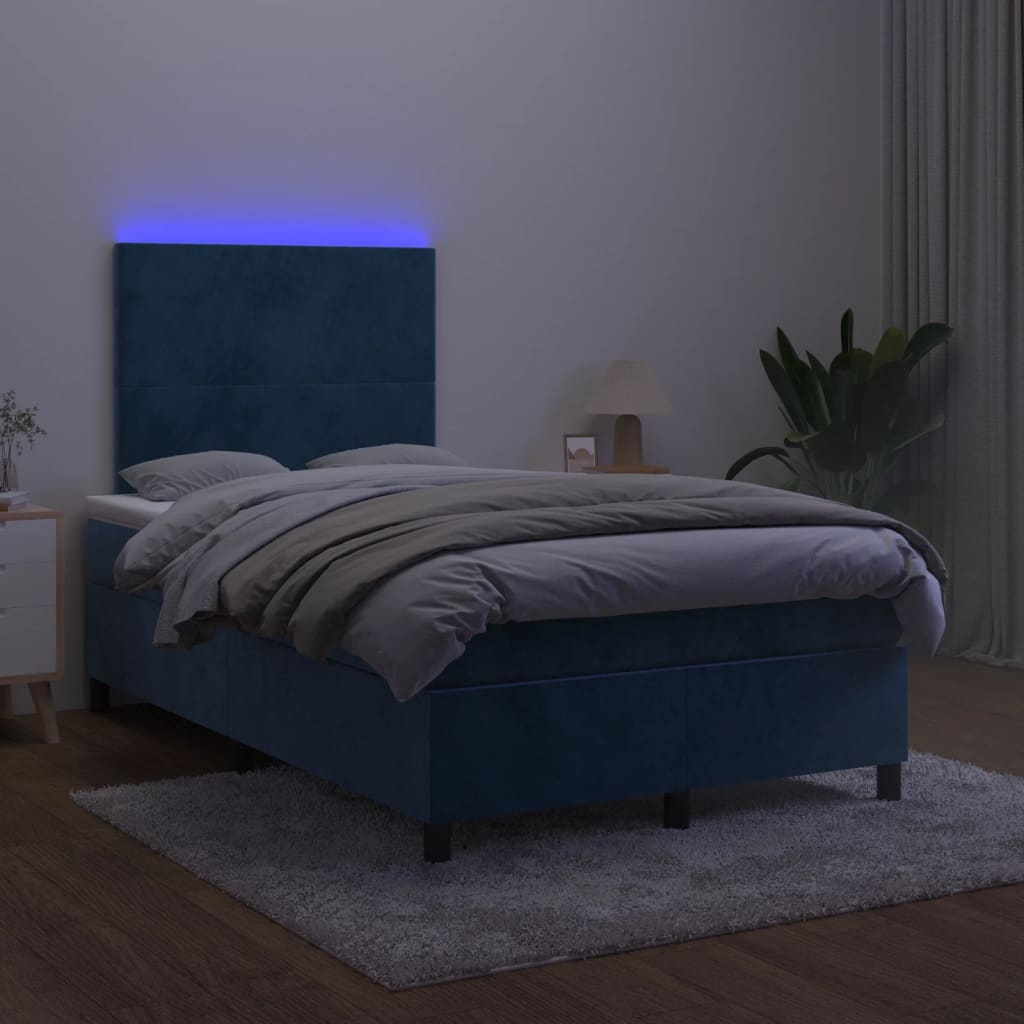 vidaXL Pat cu arcuri, saltea și LED, albastru, 120x200 cm, catifea vidaXL Pat cu arcuri, saltea și LED, albastru, 120x200 cm, catifea