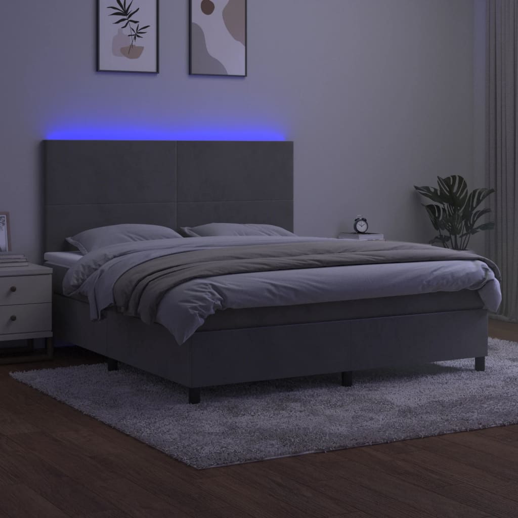 vidaXL Pat cu arcuri, saltea și LED, gri deschis, 180x200 cm, catifea