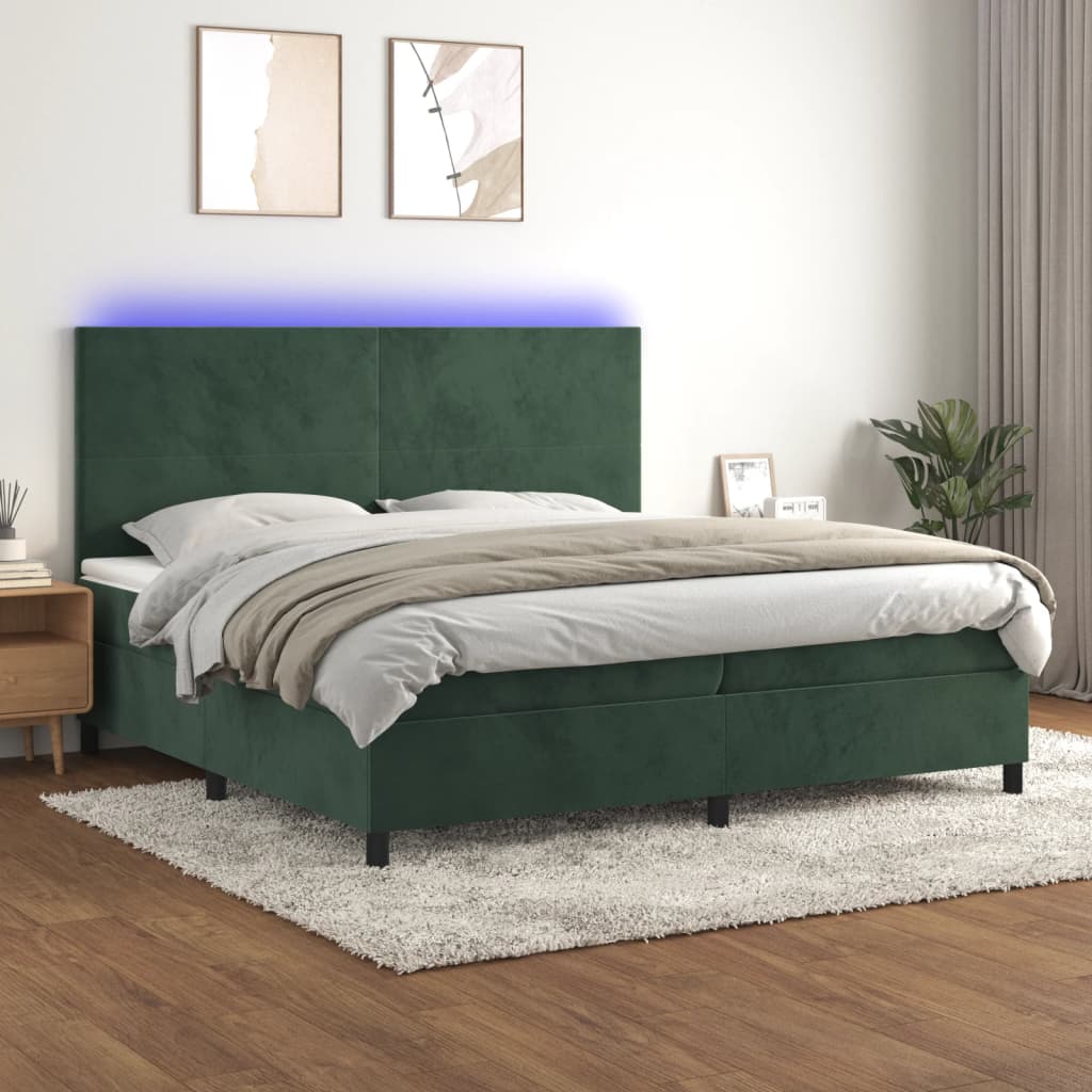 vidaXL Pat cu arcuri, saltea și LED, verde închis, 200x200 cm, catifea vidaXL Pat cu arcuri, saltea și LED, verde închis, 200x200 cm, catifea
