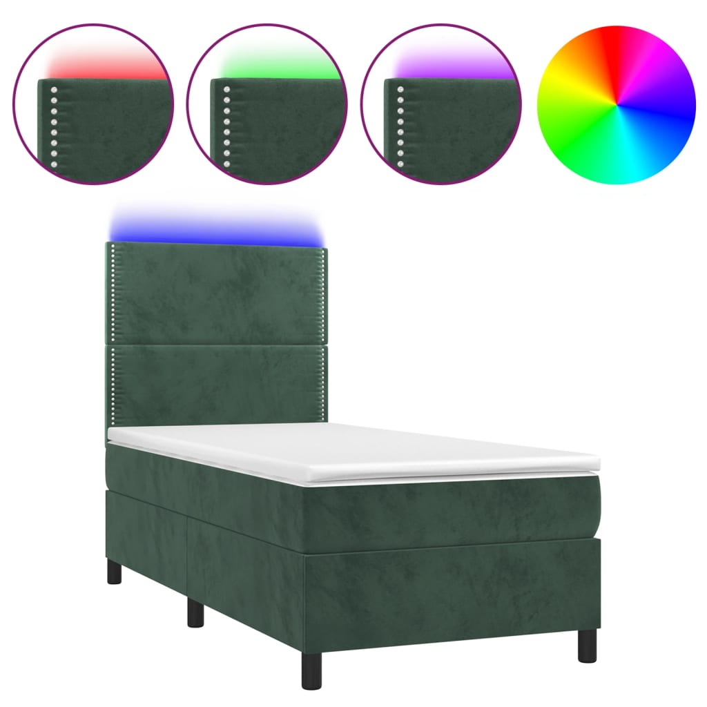vidaXL Pat cu arcuri, saltea și LED, verde închis, 90x190 cm, catifea vidaXL Pat cu arcuri, saltea și LED, verde închis, 90x190 cm, catifea