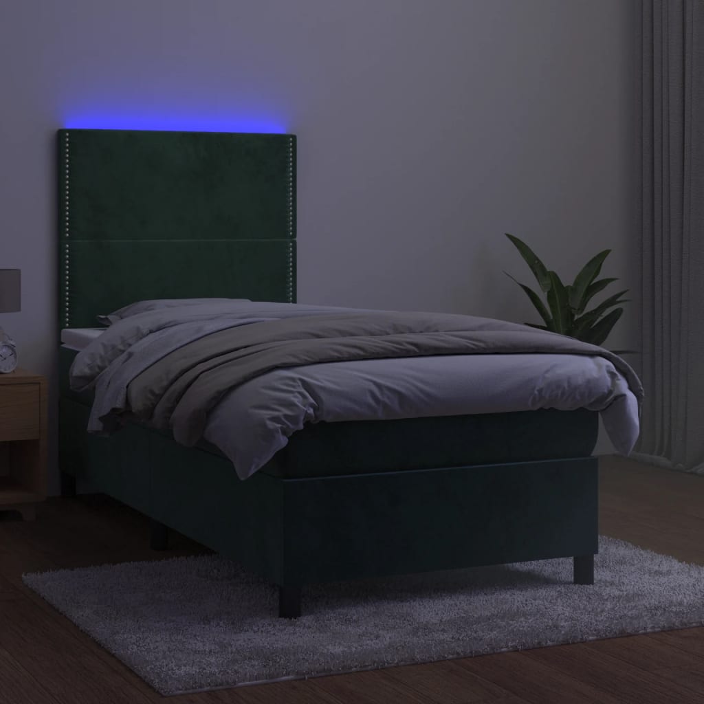 vidaXL Pat cu arcuri, saltea și LED, verde închis, 90x190 cm, catifea vidaXL Pat cu arcuri, saltea și LED, verde închis, 90x190 cm, catifea