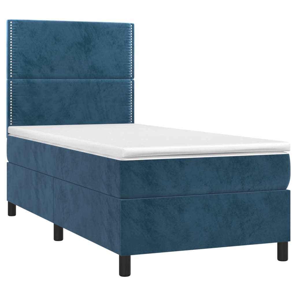 vidaXL Pat cu arcuri, saltea și LED, bleumarin, 90x190 cm, catifea