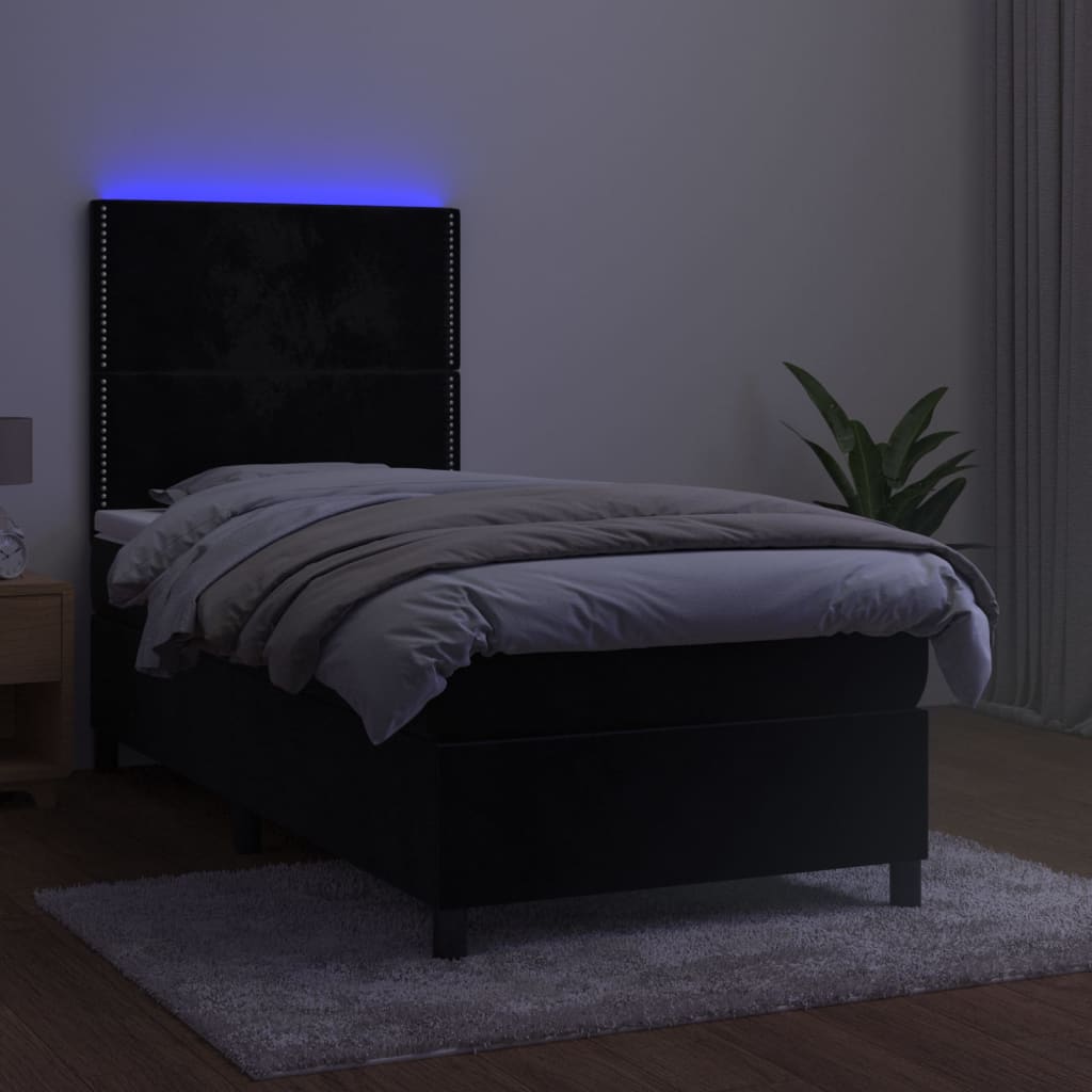 vidaXL Pat cu arcuri, saltea și LED, negru, 90x200 cm, catifea