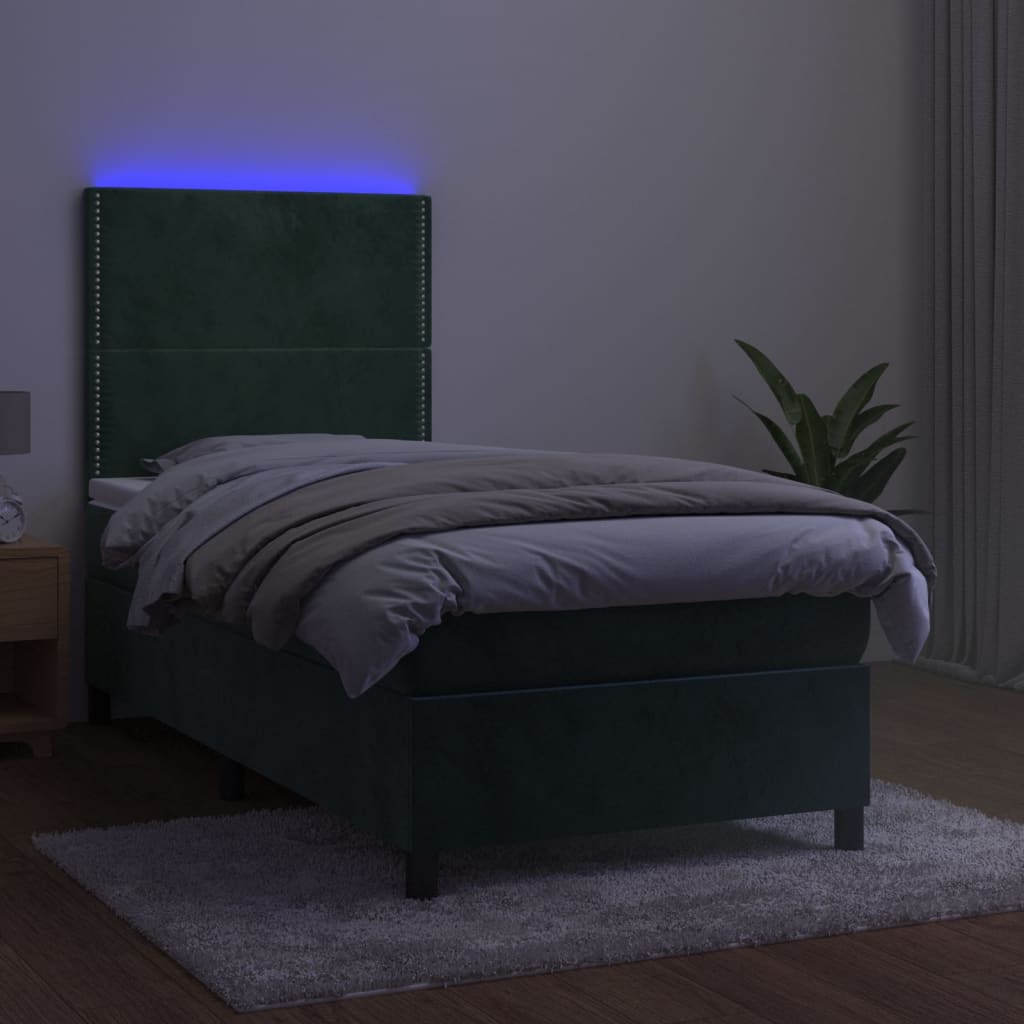 vidaXL Pat cu arcuri, saltea și LED, verde, 90x200 cm, catifea