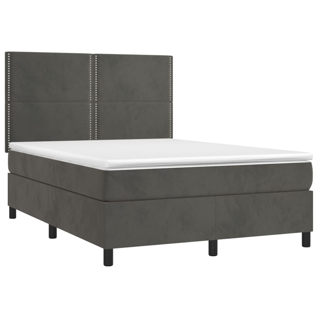vidaXL Pat cu arcuri, saltea și LED, gri închis, 140x190 cm, catifea