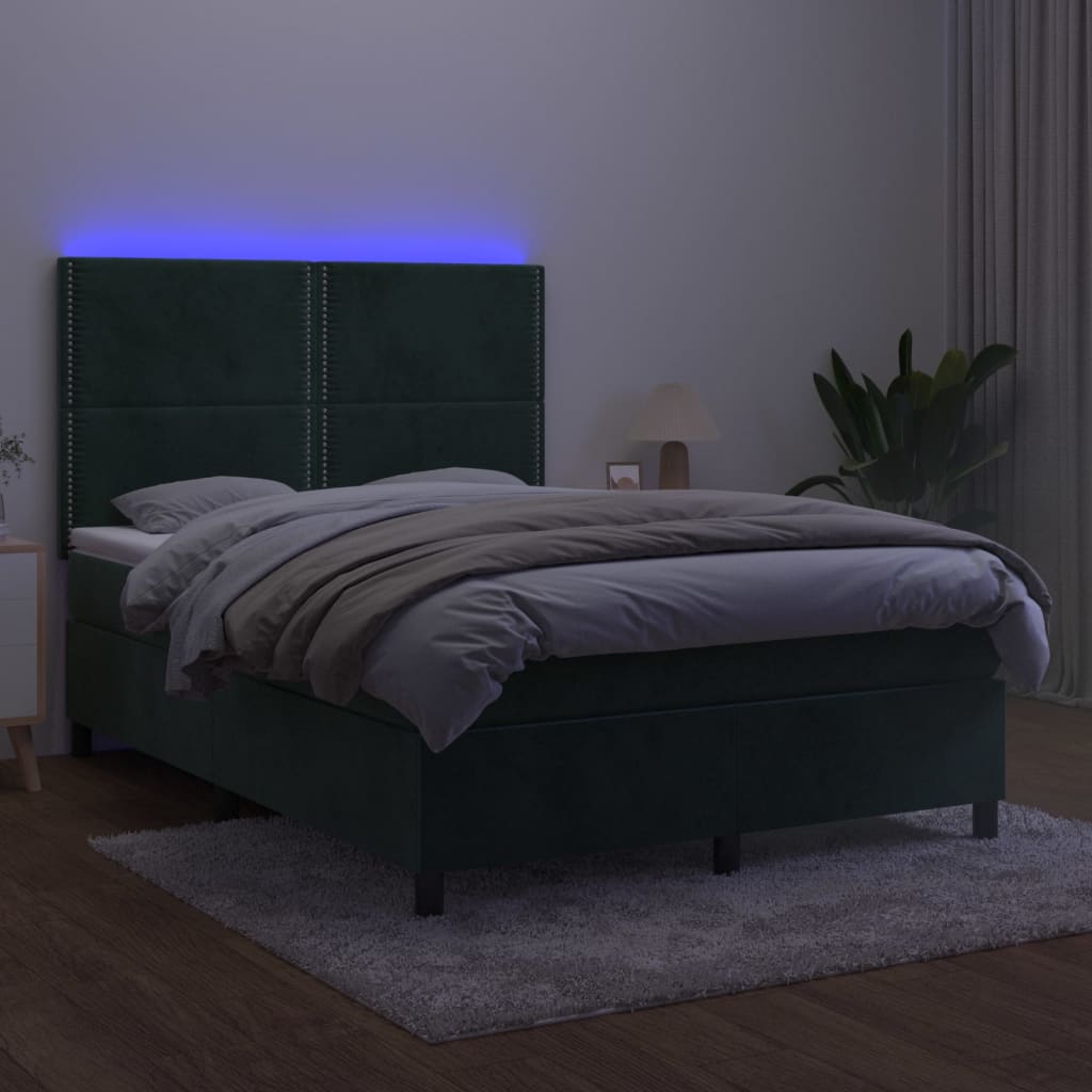 vidaXL Pat cu arcuri, saltea și LED, verde închis, 140x190 cm, catifea